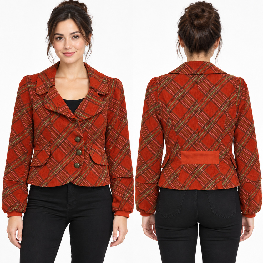 Anthropologie Taikonhu Johnny Orange Plaid Cropped Jacket Blazer Size 8 Academia